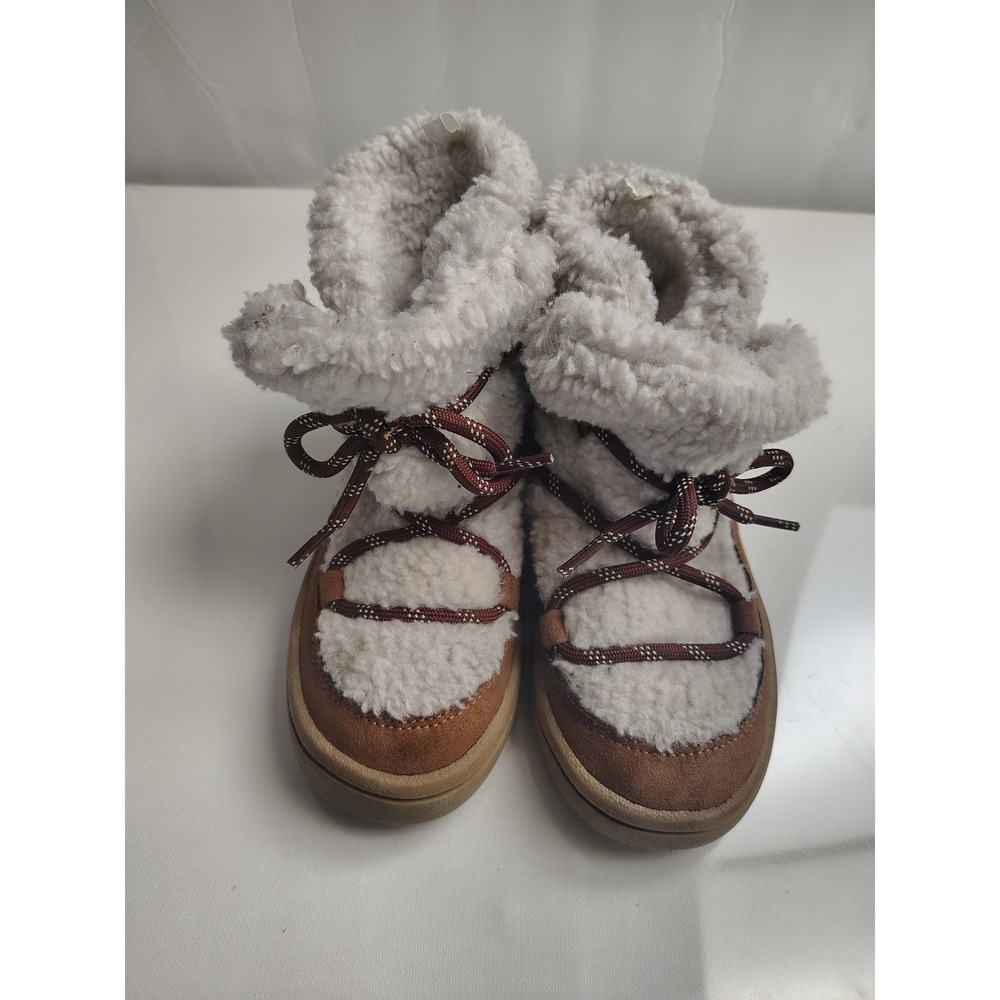 Old Navy Toddler Faux Shearling Boots Tan White Lace Up Winter Shoes Size 10